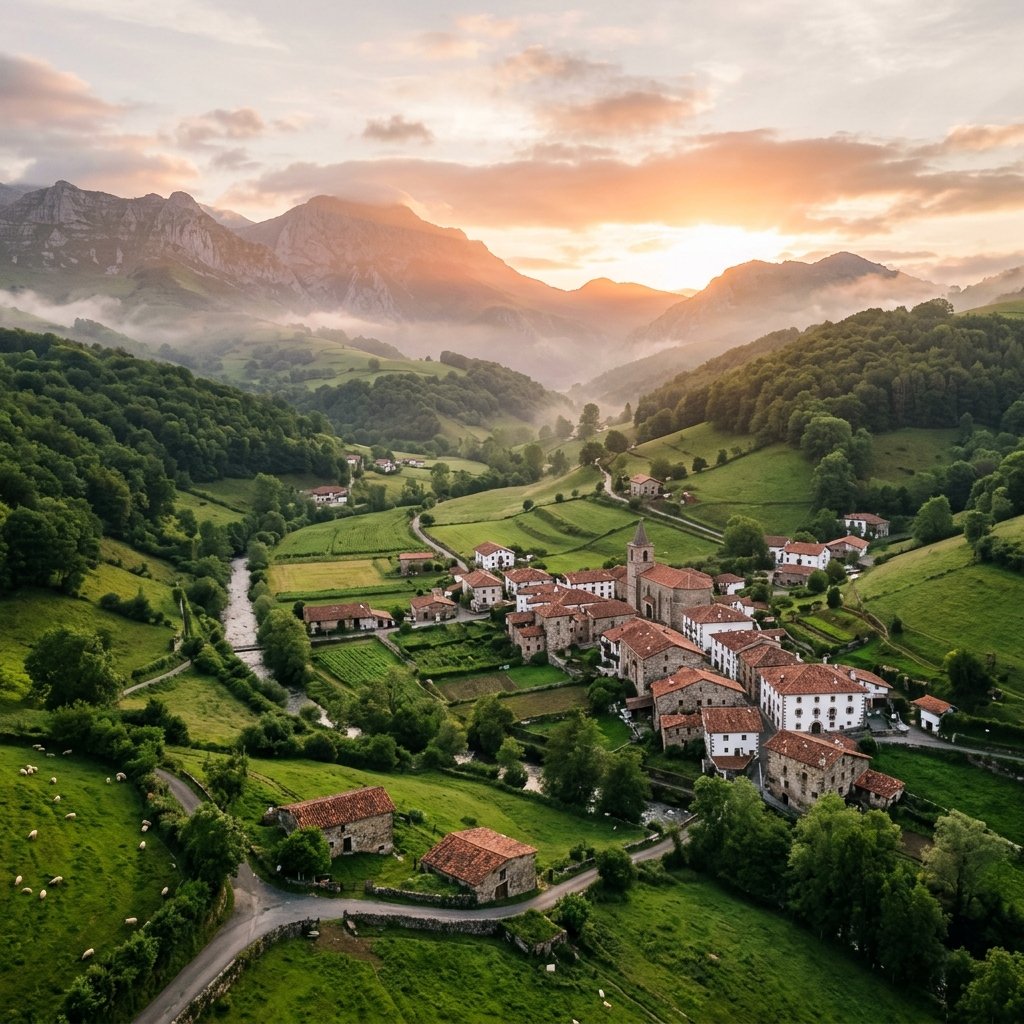 Paisaje rural alavés con casas de piedra al atardecer cerca del Monte Santiago