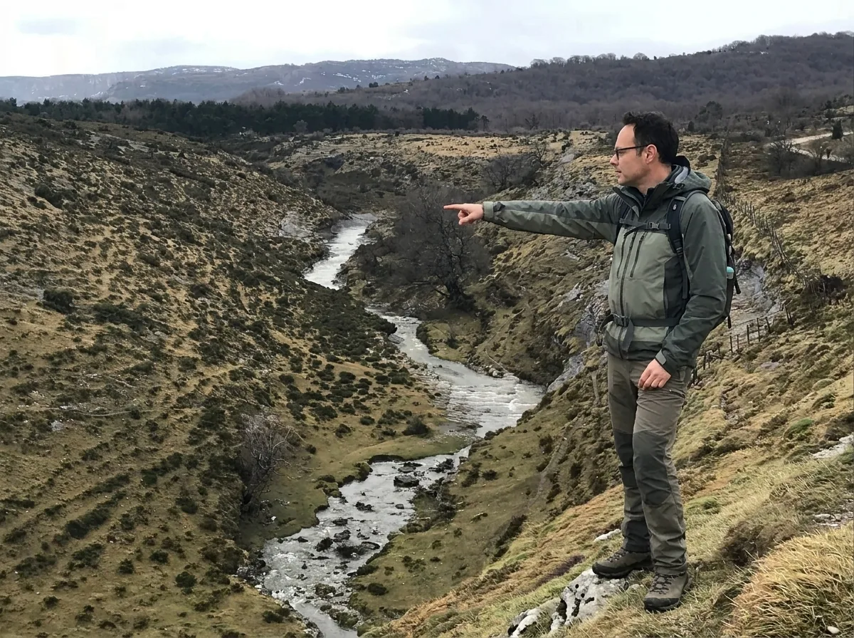 Rubén, autor de esta guía, señalando el cauce del río desde una ladera del entorno de Berberana