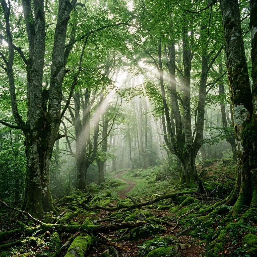 Paisaje de la ruta Senda del Hayedo en el Monte Santiago (ilustración generada con IA)
