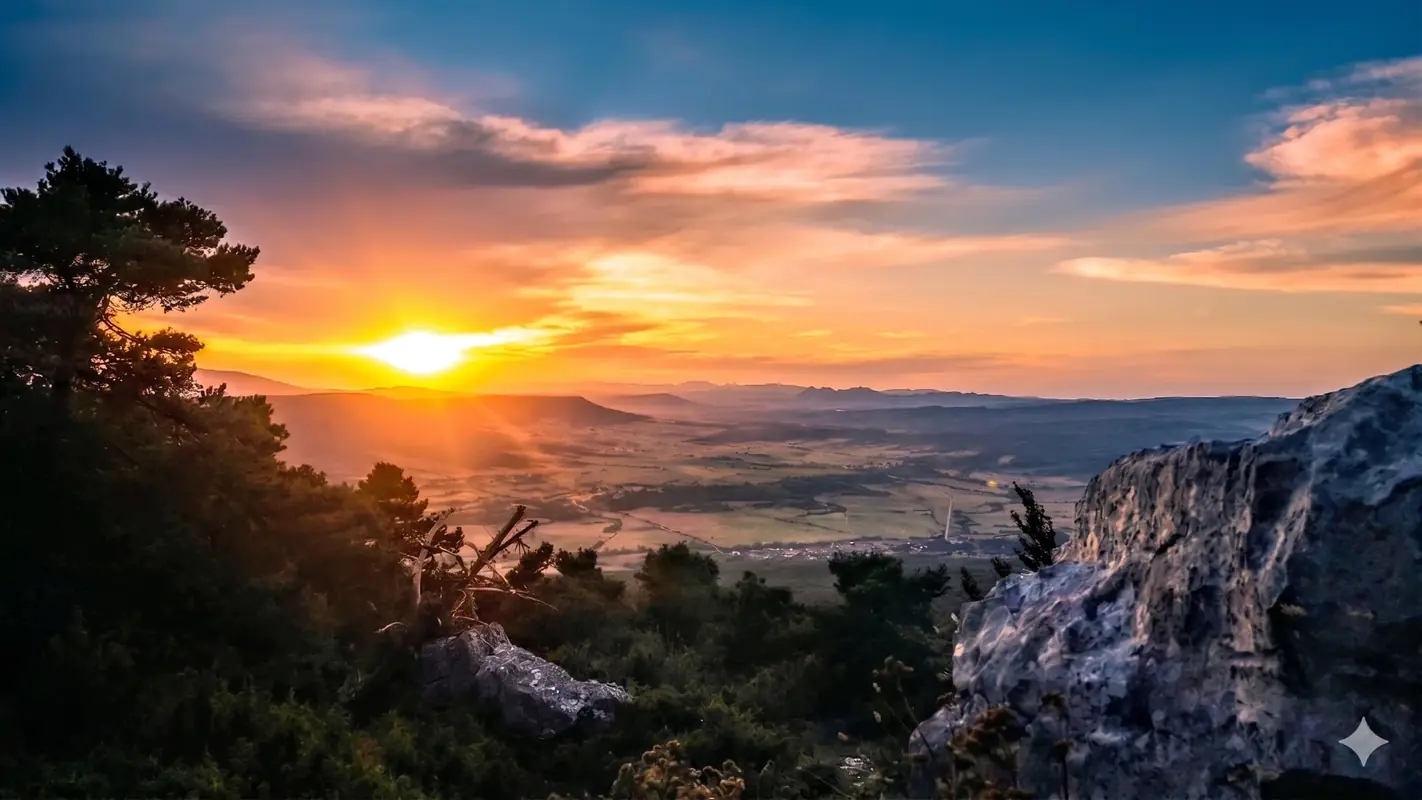 Paisaje de la ruta Senda del Encinar en el Monte Santiago (ilustración generada con IA)